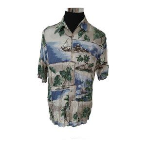 PIERRE CARDIN Large Tan Blue Hawaiian Shirt